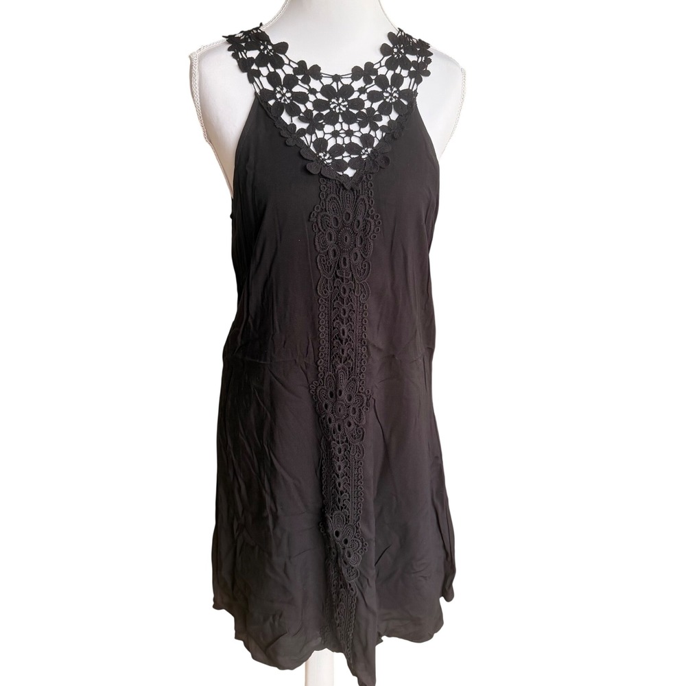 Neiman Marcus Womens XS‎ Black Crochet Lace Trim Rayon Shift Mini Dress Boho